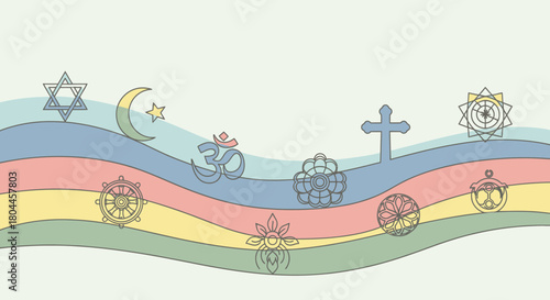 World religions symbols on colorful waves. Interfaith dialogue and harmony concept design.