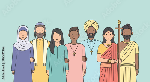 Diverse group of people representing different religions standing together in unity.