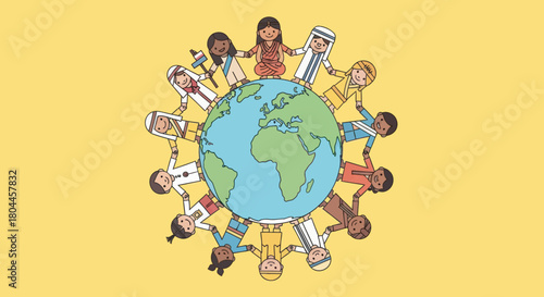 Multicultural children holding hands around the world, unity and diversity concept.