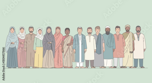 Diverse group of muslims standing together. Cultural diversity and religious tolerance.