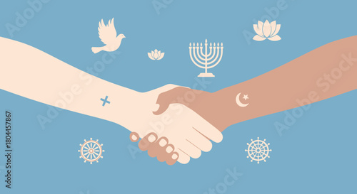 Diverse hands shaking with religious symbols, illustrating interfaith cooperation and peace.