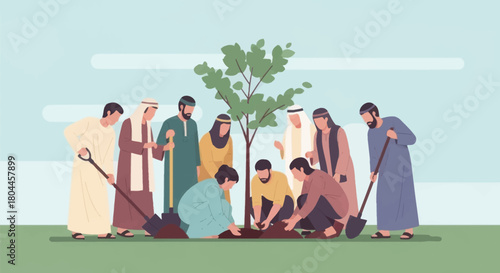 Group of arab men planting a tree with shovels, community service and environmental awareness.