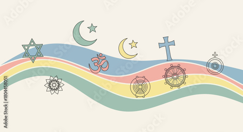 World religions symbols on colorful waves. Interfaith dialogue and tolerance concept.