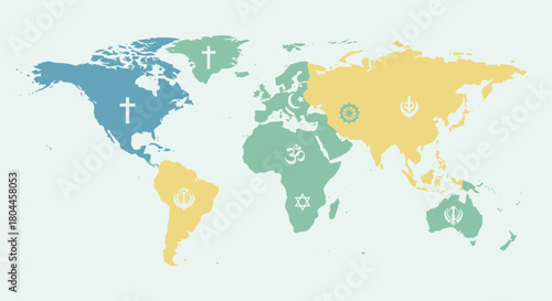 World map showing the distribution of major religions, cultural diversity and beliefs.
