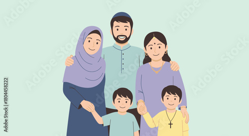 Diverse family portrait with parents, children, representing different religions together.