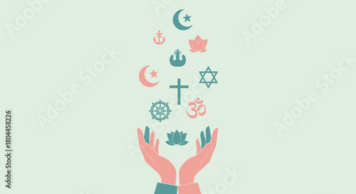 Hands holding religious symbols representing diversity, harmony, and world religions.