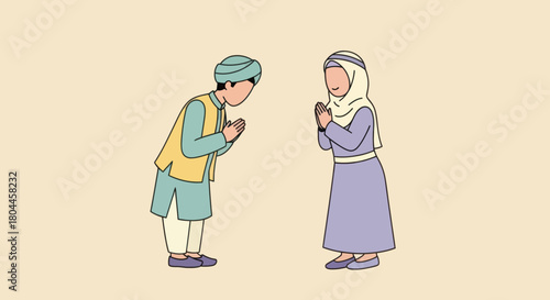 Muslim man and woman in traditional dress greeting each other with hand gestures. Vector.