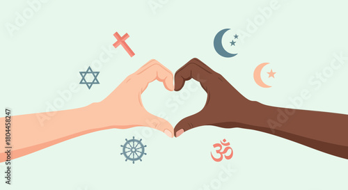 Diverse hands making heart shape with religious symbols. Interfaith harmony concept.