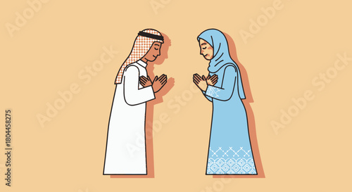 Muslim man and woman in traditional dress greeting each other with hands pressed together.