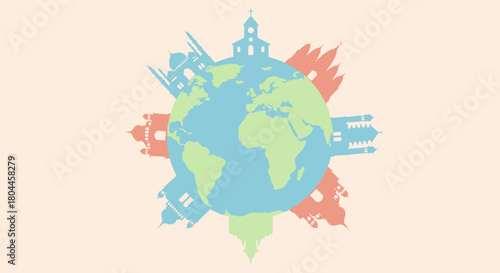 World landmarks surround the earth in pastel colors, representing global tourism.