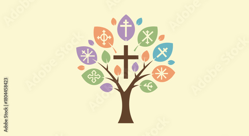 Christian cross tree with leaves containing various christian symbols in pastel colors.