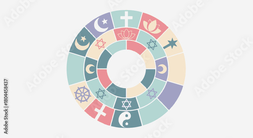 Diverse religious symbols arranged in a colorful circle, representing unity and faith.