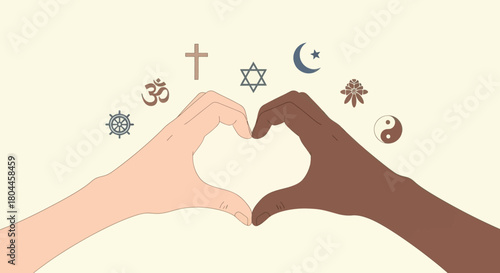 Diverse hands form a heart shape with religious symbols, promoting unity and tolerance.