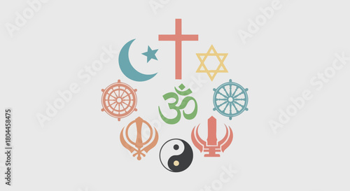 World religions symbols arranged in a circle, representing diverse faiths and unity.