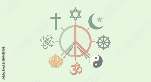 Symbols of various religions arranged around a peace symbol, promoting interfaith harmony.