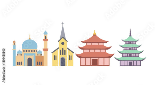 Diverse religious buildings, including a mosque, church, and pagodas, on a white background.