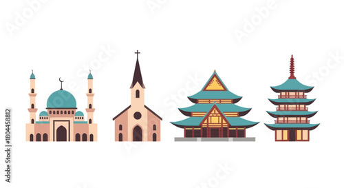 Diverse religious buildings showcase cultural and architectural heritage on white backdrop.