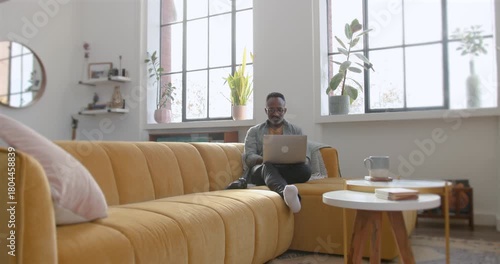 Mid Adult Man Working from Home using Laptop on Sofa on Sunny day