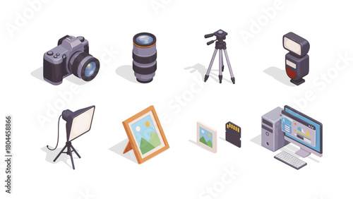 Modern isometric photography equipment collection with camera, lenses, and accessories