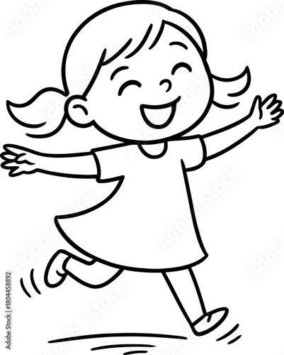 Joyful cartoon girl with pigtails running with open arms