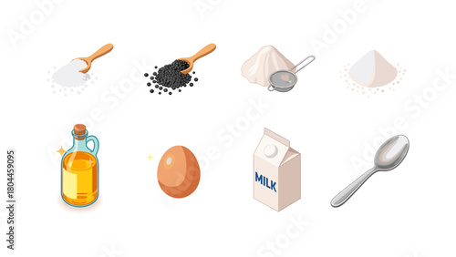 Baking ingredients isometric set: sugar, flour, egg, milk, oil, black pepper