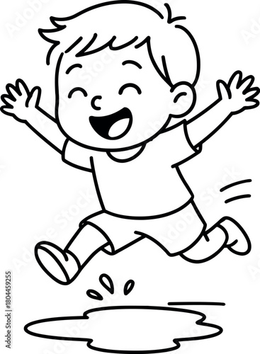 Joyful cartoon boy happily jumping through a puddle with excitement