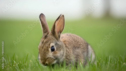An adorable baby rabbit sits alertly in a vibrant green meadow, its soft fur and twitching nose captured in a charming close-up. The fluffy bunny nibbles on fresh grass, embodying concepts of nature, 