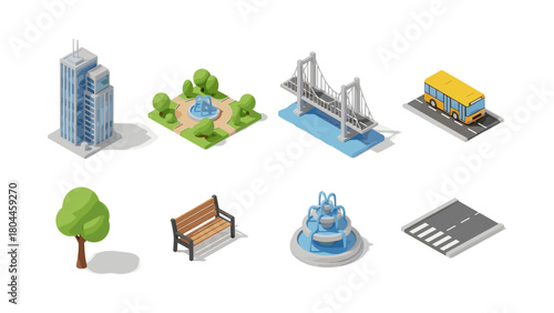 Isometric city elements: buildings, transport, and parks in urban design