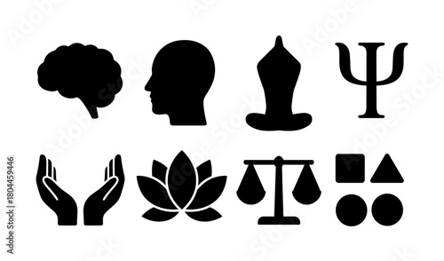 Mind and balance icons: silhouette set featuring brain, yoga, and justice symbols