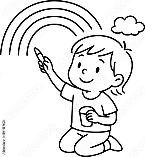 Young child happily drawing a colorful rainbow with crayons