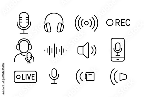 Audio and recording icon set featuring minimalistic line art for podcasts and broadcasting