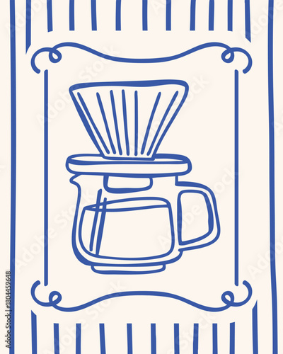 Simple blue line illustration of a coffee dripper. Retro inspired poster perfect for coffee shops, cafes, packaging, or modern kitchen decor.