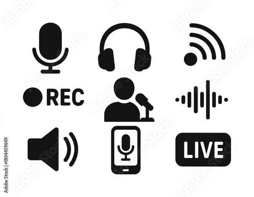 Set of audio and broadcast icons in black silhouette style for streaming and recording