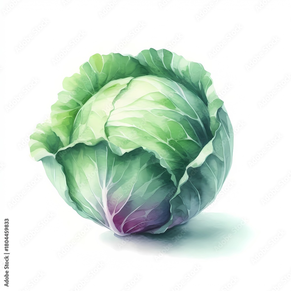 Fototapeta premium Watercolor illustration of a fresh green cabbage with purple hues on white background