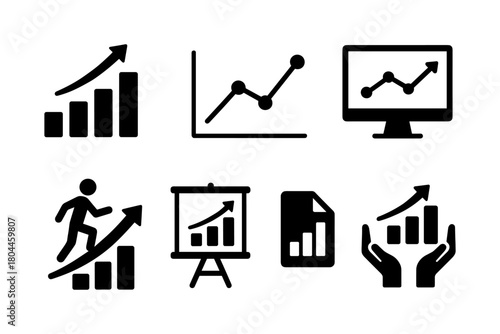 Business growth icons: line and bar graphs, upward trends, success visuals