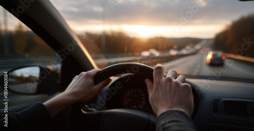 Hands steering wheel driving car sunset highway interior dashboard road trip blurred traffic two hands wheel evening commute motion blur open road male hands steering wheel grip travel