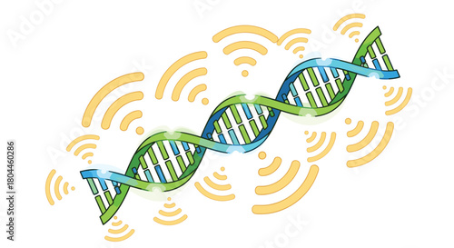 DNA helix with radiating waves representing genetic information transfer, Generative AI.