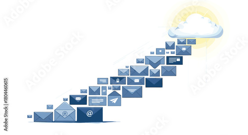 Emails flying into a cloud representing cloud storage, Generative AI.