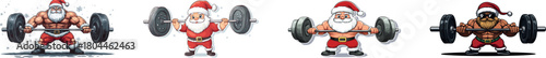 In this modern clip art illustration, a strong Santa Claus is shown lifting weights, with simple gradients used throughout and the head and body placed on separate layers