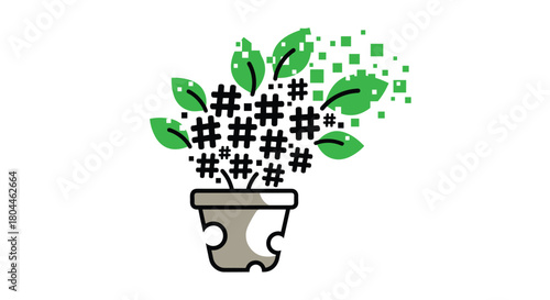Hashtag Plant Growing Digital Data and Leaves, Generative AI.