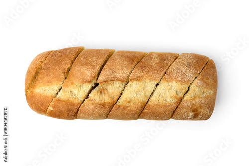 Sliced baguette with garlic isolated on white background.