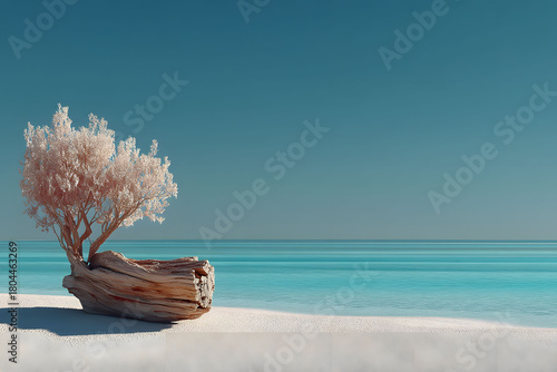 Tranquil Seascape with Driftwood and Tree on Serene Beach