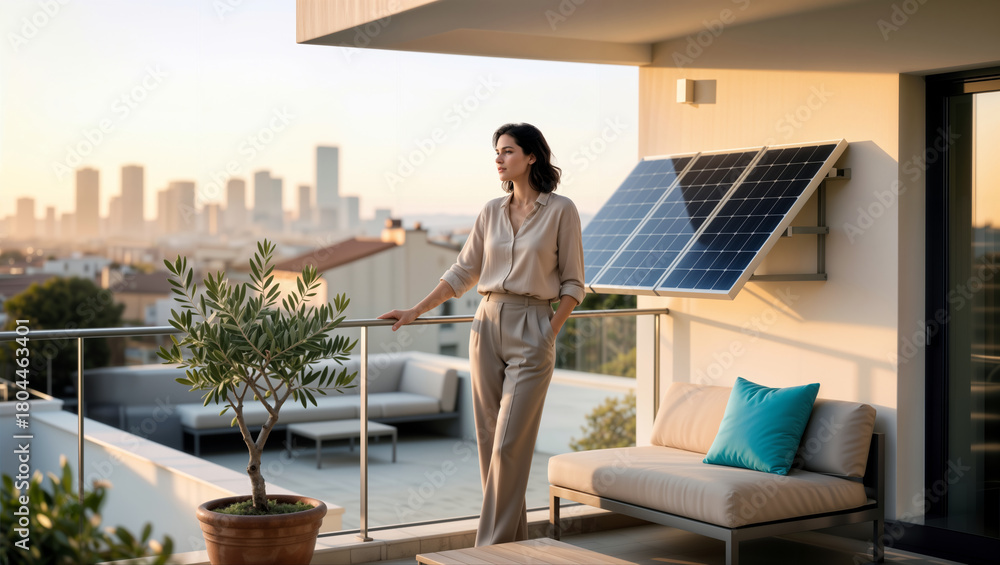 Obraz premium Woman on a modern city apartment balcony with a small solar panel.