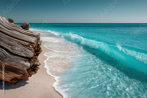 Serene Beach with Turquoise Waves and Driftwood for Relaxation and Natural Decor