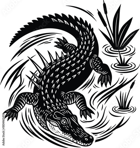 Alligator in swamp vector illustration black and white wildlife art eps silhouette