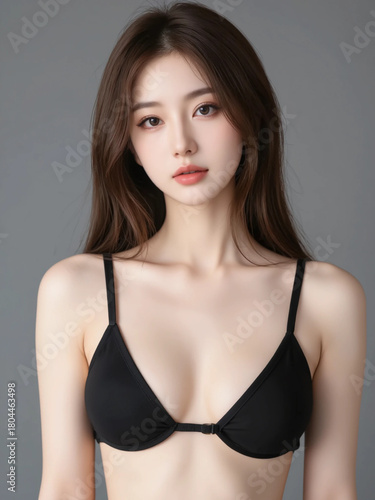 Wallpaper Mural A long-haired Japanese woman in a black bikini making a serious face. Generative AI Torontodigital.ca