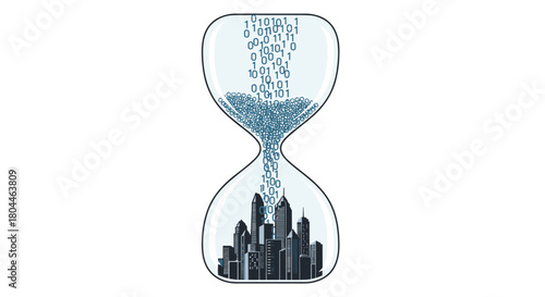 Hourglass with Cityscape Falling into Sand, Generative AI.