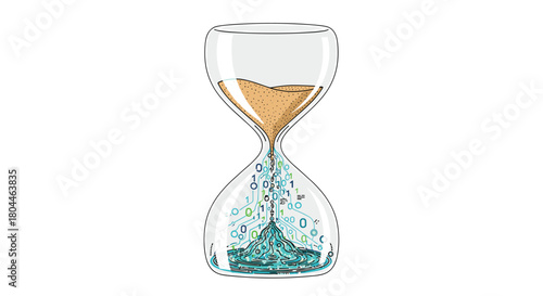 Hourglass with sand flowing and bubbles rising, Generative AI.