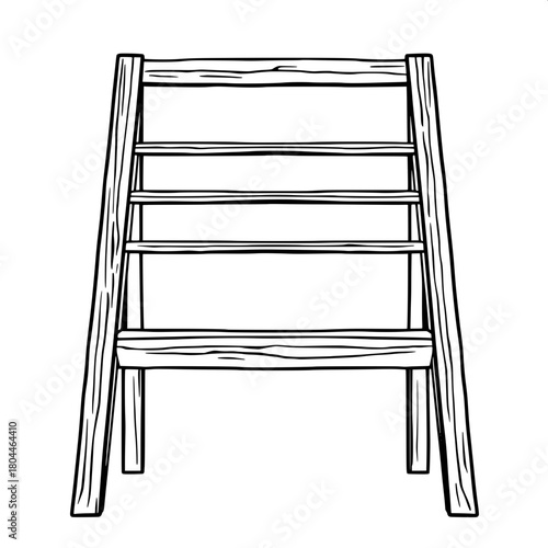 A clean monochrome technical line drawing of a traditional wooden A-frame stepladder, shown head-on, with bold black outlines and evenly spaced horizontal rungs, centered on a pristine white backgroun