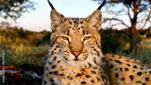 Majestic wild lynx cat close up portrait in natural savanna sunset lighting scene
